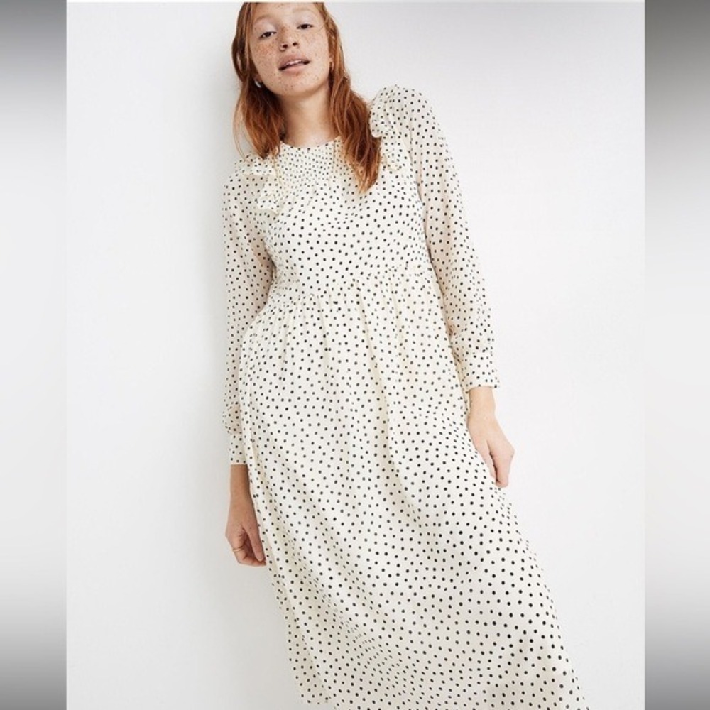 Madewell Smocked Ruffle-Shoulder Midi Dress in Inkbrush Dots
